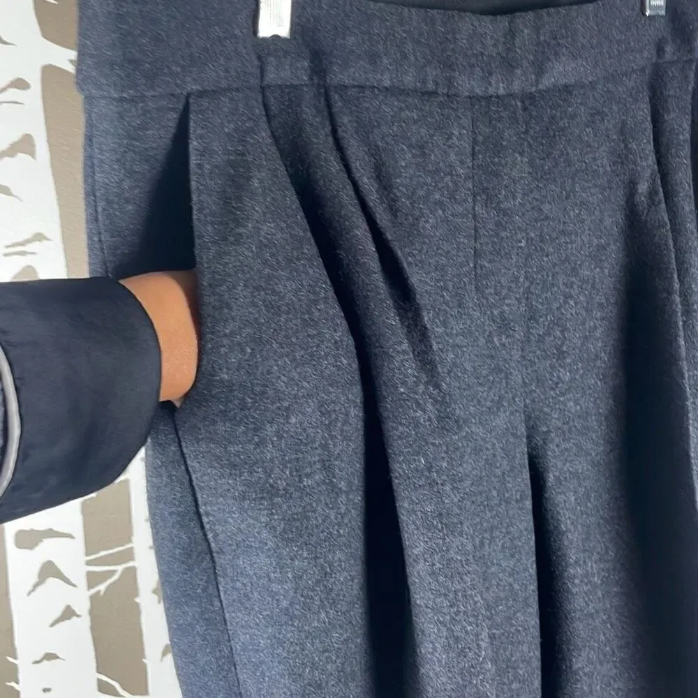 Tory Burch Wool Flannel Pleated Cropped Tapered Dress Pants Charcoal Gray XL